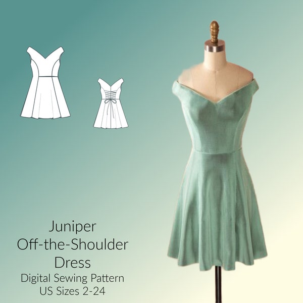Juniper Dress, off shoulder, mini skirt, dress DIGITAL PDF sewing pattern, US Sizes 2-24