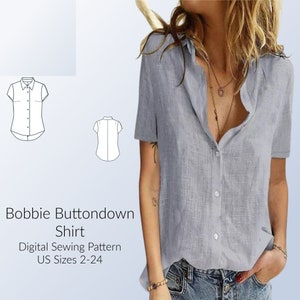 CLEARANCE Short Sleeve Button-Down Shirt Blouse Sewing Pattern, classic shirt pattern, DIGTIAL Sewing pattern US Sizes 2-24, sewing pdf