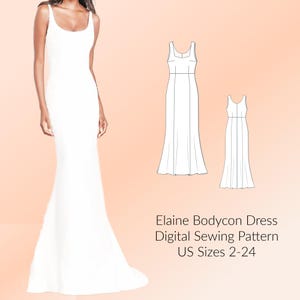 Bodycon Mermaid Dress - DIGITAL Sewing Pattern PDF, US Sizes 2-24, A4 & A0 Format, Floor Length Elegant Dress