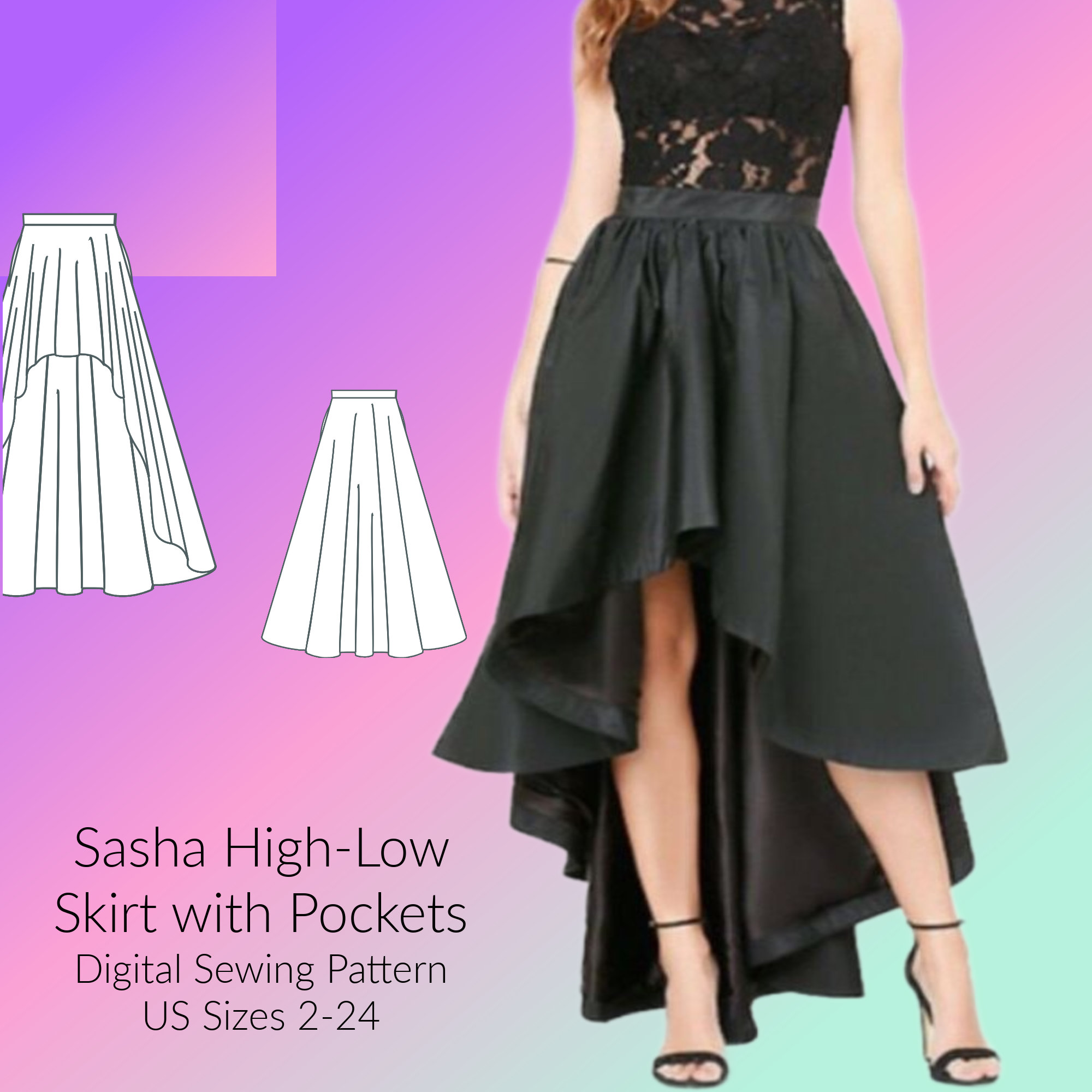 High-low Skirt With Pockets Digital Sewing Pattern, US Sizes High-low Skirt With Pockets Digital Sewing Pattern, US Sizes