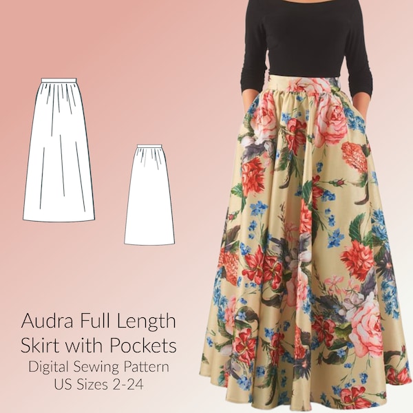 Audra Full Length Gathered Skirt with Pockets Digital Sewing Pattern, US Sizes 2-24, DIGITAL Pattern, sewing PDF