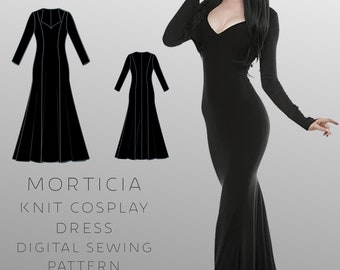 Patrón de costura digital para vestido ajustado de cosplay de Morticia, tallas 2-24 (EE. UU.), PDF, formatos A4 y A0.