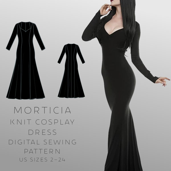 Morticia Cosplay Bodycon Dress DIGITAL Sewing Pattern, US Sizes 2-24, PDF