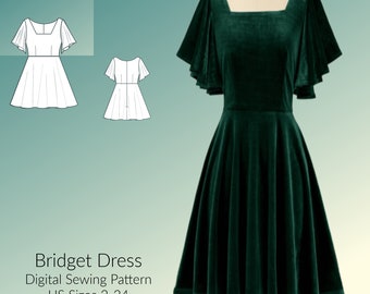 Square Neck dress, Butterfly Sleeve Dress DIGITAL PDF sewing pattern, US Sizes 2-24