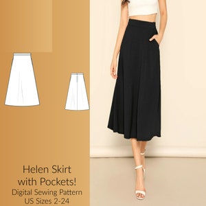 Helen Skirt with pockets Digital Sewing Pattern, US Sizes 2-24, DIGITAL Pattern, sewing PDF