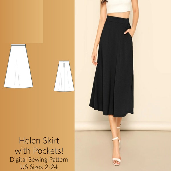 Helen Skirt with pockets Digital Sewing Pattern, US Sizes 2-24, DIGITAL Pattern, sewing PDF