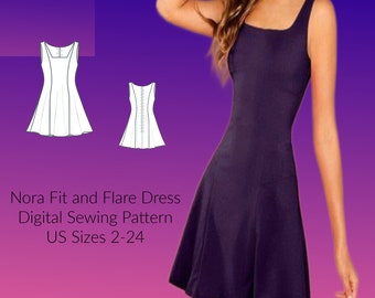 Nora Fit and Flare Short Dress DIGITAL PDF sewing pattern, US Sizes 2-24, A4 format, A0 format