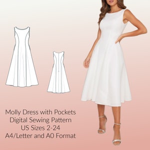 Beginner Friendly Sleeveless Boatneck Midi Dress with Pockets DIGITAL PDF sewing pattern, US Sizes 2-24, A4/Letter Format, A0 format