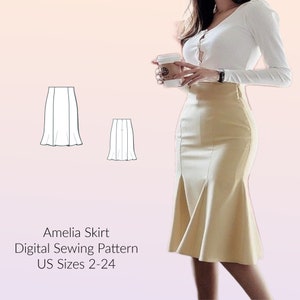 Puede incluir: Un patrón de costura digital para una falda llamada Amelia Skirt. El patrón está disponible en tallas US 2-24. La imagen muestra un dibujo de línea de la falda y una mujer usando una versión beige de la falda.