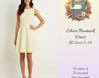 LIQUIDACIÓN Vestido corto Eloise de cuello barco con bolsillos Patrón de costura DIGITAL en PDF, tallas EE. UU. 2-24