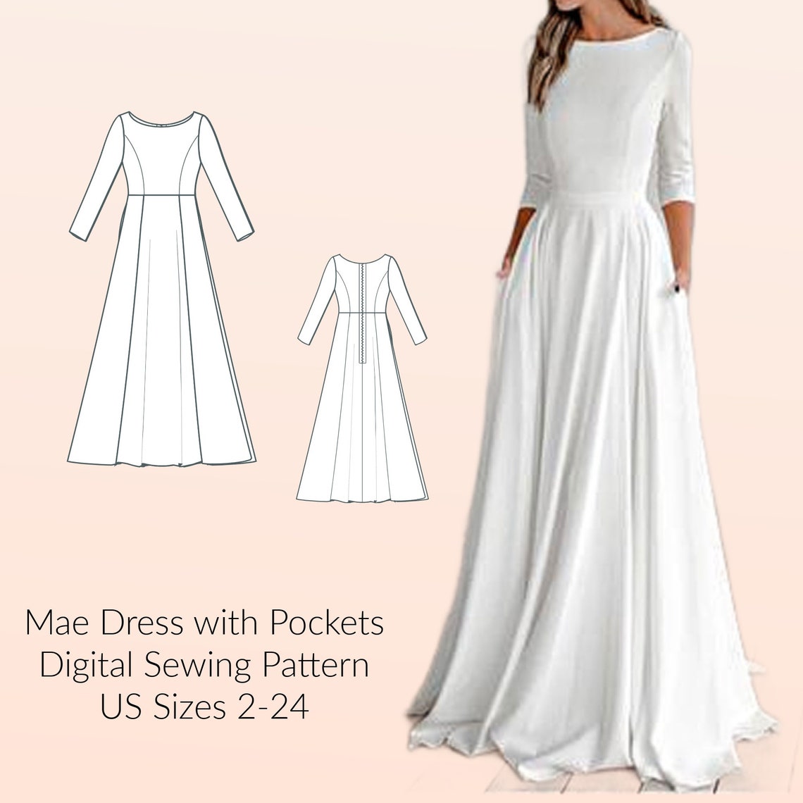 Digital Pattern Sew Mae Floor Length Dress With Pockets, Digital Sewing Pattern, US Sizes 2 ...