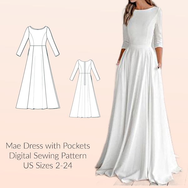 Mae Floor Length Dress with pockets, Digital Sewing Pattern, US Sizes 2-24, DIGITAL Pattern, sewing PDF, A4 format, A0 format