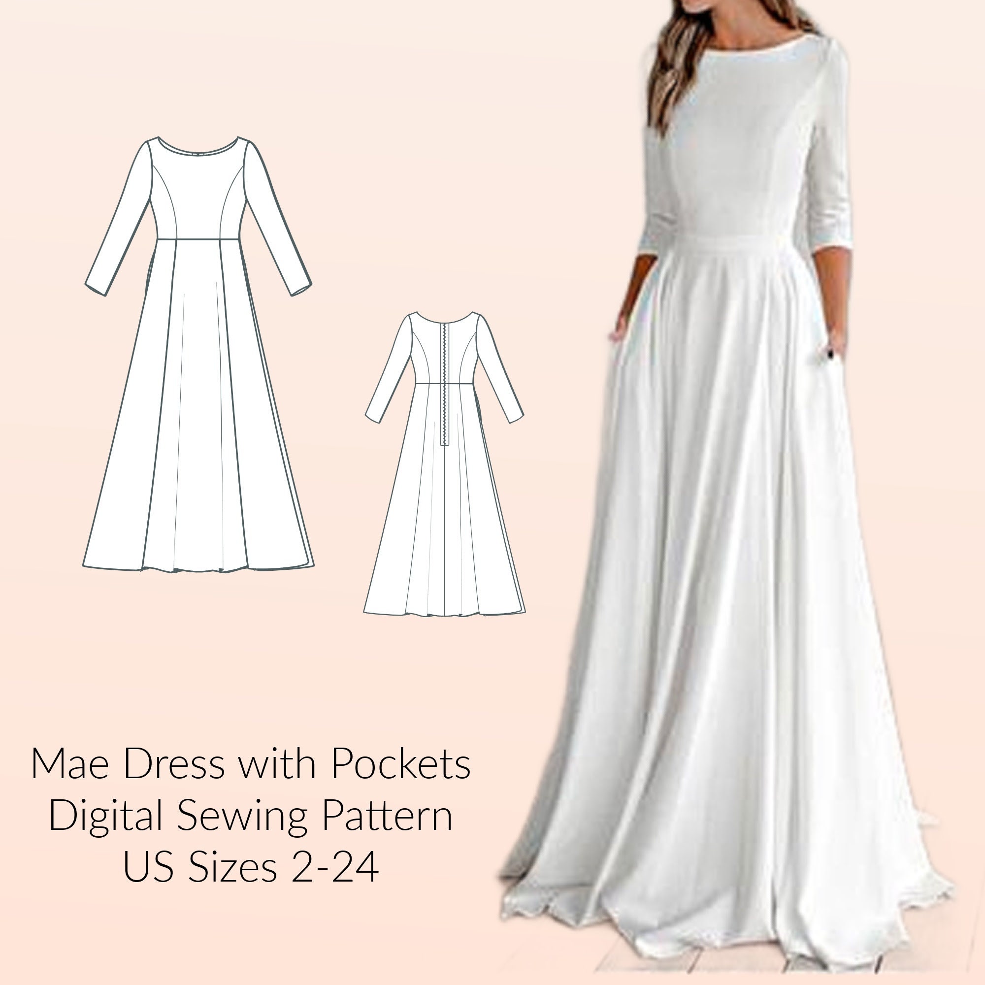 Mae Floor Length Dress With Pockets, Digital Sewing Pattern, US Sizes 2-24,  DIGITAL Pattern, Sewing PDF, A4 Format, A0 Format - Etsy