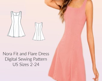 Fit and Flare Short Dress DIGITAL PDF sewing pattern, US Sizes 2-24, A4 format, A0 format