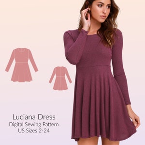 Skater Dress, Long sleeve, mini skirt, stretch dress DIGITAL PDF sewing pattern, US Sizes 2-24