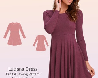 Skater Dress, Long sleeve, mini skirt, stretch dress DIGITAL PDF sewing pattern, US Sizes 2-24