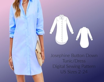 Patrón de costura de vestido túnica con camisa abotonada clásica, PDF digital, tallas 2 a 24, mangas con puños