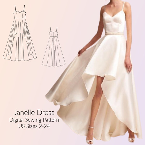 Janelle High Low Spaghetti Strap Dress, Digital Sewing Pattern, US Sizes 2-24, DIGITAL Pattern, sewing PDF