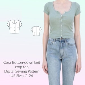 Padrão de costura de blusa curta com botões e manga curta Cora Knit | PDF digital para tamanhos dos EUA 2-24, formatos A4, Carta e A0