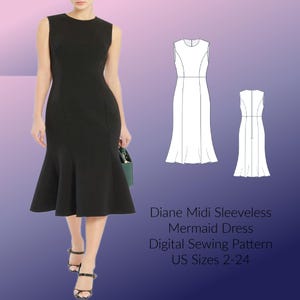 Patrón de costura para vestido de sirena ajustado / Vestido sin mangas de largo midi / PDF A4 / Tallas de EE. UU. 2-24 / Plantilla de costura digital
