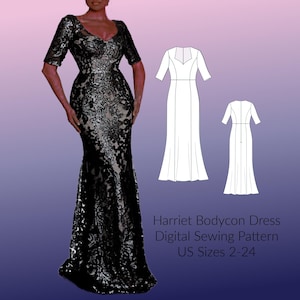 May include: A digital sewing pattern for a fitted, floor-length dress with a V-neckline and a slight flare at the hem. The pattern is available in US sizes 2-24. Harriet Bodycon Dress Digital Sewing Pattern US Sizes 2-24