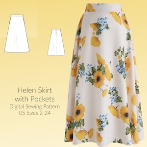 May include: A digital sewing pattern for a Helen skirt with pockets. The pattern is available in US sizes 2-24. The image shows a white skirt with a yellow floral print.