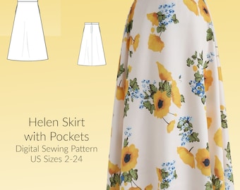 A-line Skirt with pockets Digital Sewing Pattern, US Sizes 2-24, DIGITAL Pattern, sewing PDF
