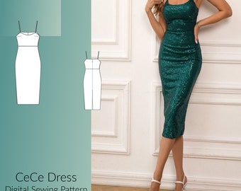 CeCe Cami Bodycon Midi Dress DIGITAL Sewing Pattern, US Sizes 2-24, PDF