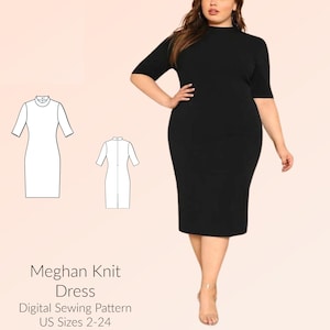 Meghan knit dress mock turtleneck Dress DIGITAL Sewing Pattern, US Sizes 2-24, PDF