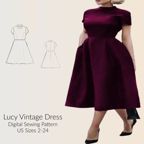 Lucy Vintage Style dress with pockets DIGITAL PDF sewing pattern, US Sizes 2-24