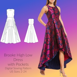 Brooke High Low Dress, Sleeveless, Digital Sewing Pattern, US Sizes 2-24, DIGITAL Pattern, sewing PDF