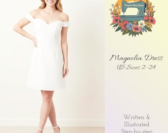 Patrón de costura digital en PDF para vestido corto Magnolia, corte A, hombros descubiertos, tallas EE. UU. 2-24