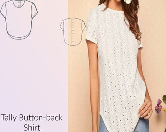 Tally Button Back T-Shirt Sewing Pattern,DIGTIAL Sewing pattern US Sizes 2-24, PDF de couture