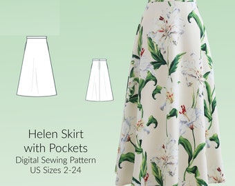 Beginner Friendly A-line Skirt with pockets Digital Sewing Pattern, US Sizes 2-24, DIGITAL Pattern, sewing PDF