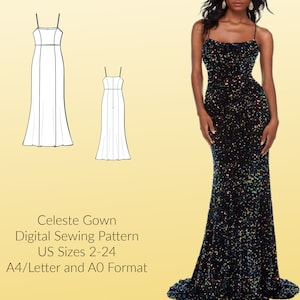 Robe moulante sirène, robe longue au sol, patron de couture numérique, tailles US 2-24, PDF, format A4/Letter, format A0