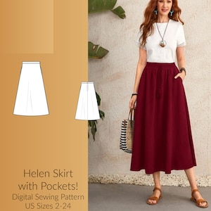 A-Line Skirt with pockets Digital Sewing Pattern, US Sizes 2-24, DIGITAL Pattern, sewing PDF