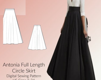 Antonia Full Length Circle Skirt Digital Sewing Pattern, US Sizes 2-24, DIGITAL Pattern, sewing PDF