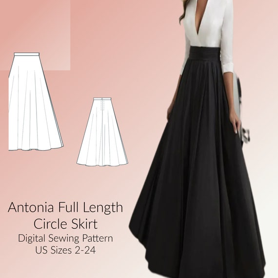 Full Length Circle Skirt Digital Sewing Pattern, US Sizes 2