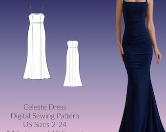 Bodycon Mermaid Dress, floor length dress, DIGITAL Sewing Pattern, US Sizes 2-24, PDF, A4 Letter Format