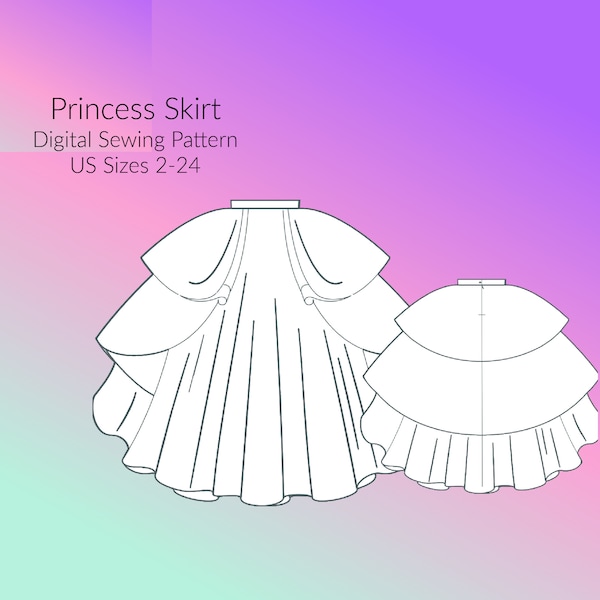 Princess Full Skirt Digital Sewing Pattern, US Sizes 2-30, DIGITAL Pattern, sewing PDF