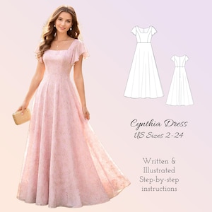Puede incluir: Una mujer con un vestido largo rosa claro con escote cuadrado y mangas con volantes. El vestido tiene un estampado floral y se combina con un pequeño clutch rectangular. La imagen también incluye un dibujo lineal del vestido y el texto "Cynthia Dress US Sizes 2-24".