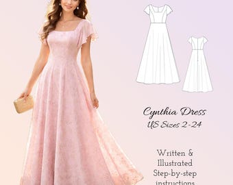 Patrón de costura en PDF para vestido con escote cuadrado y mangas con vuelo, tallas 2-24 (EE. UU.), moda DIY, descarga instantánea
