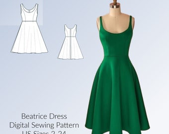 Party Dress, Circle Skirt, Sleeveless dress, Classic dress DIGITAL PDF sewing pattern, US Sizes 2-24