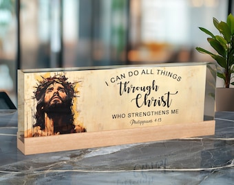 Placa de acrílico personalizada con texto en inglés "Todas las cosas por medio de Cristo" para escritorio, decoración de oficina, versículo bíblico del salmo, regalo religioso cristiano de Jesús y Dios