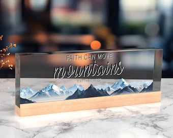 Placa de acrílico personalizada con la fe que mueve montañas para escritorio, decoración de oficina, versículo bíblico de Mateo 17:20, regalo religioso cristiano de Jesús y Dios.
