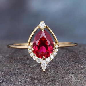 Vintage Pear Cut Lab Ruby Ring: 14K Gold Moissanite Ring Set