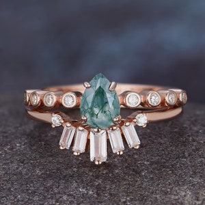 Vintage Pear shaped moss agate engagement ring set  moss agate ring set marquise moissanite ring set green moss ring stone ring bridal set