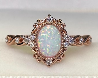 Anillo de compromiso de ópalo - Oro rosa con moissanita, anillo nupcial de banda retorcida, regalo de joyería de piedra natal de octubre para ella