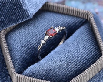 Adjustable Ruby Ring: Square Cut Red Gemstone, Handmade Jewelry