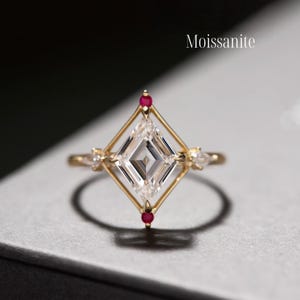 Moissanite Engagement Ring with Rubies: 14K Gold Geometric Bridal Ring
